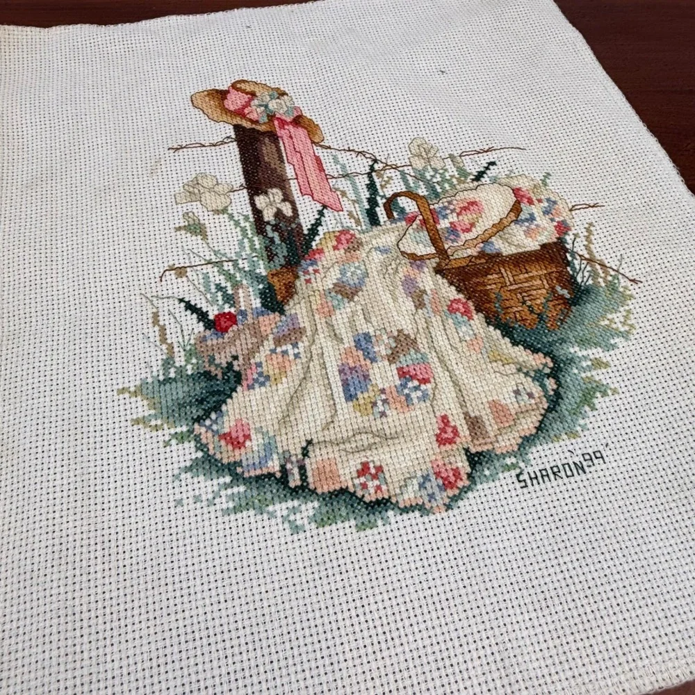 Vintage Sharon 99 Hand Stitched Cross Stitch Cottagecore Quilt Picnic Scene Art